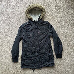 Levi Jacket Womens Small Full Zip Pockets Black Hood Sherpa Fleece Lined